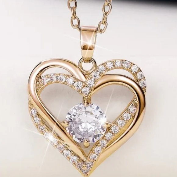 14KT GOLD /STERLING DOUBLE HEART PENDANT 2 IN WITH 20 IN CHAIN - Picture 1 of 3